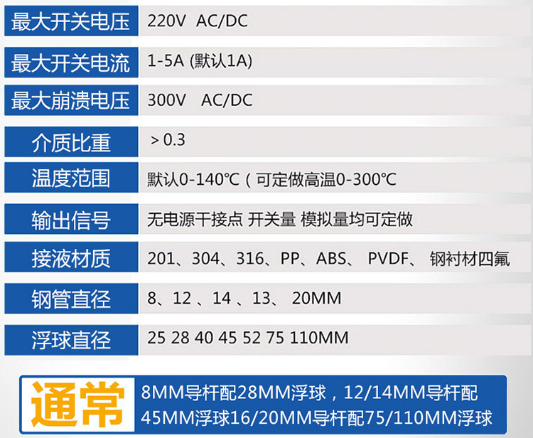 高液位浮球液位計(jì)技術(shù)參數(shù)對(duì)照表