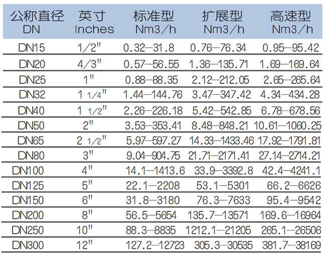 DN50熱式氣體質量流量計流量范圍表